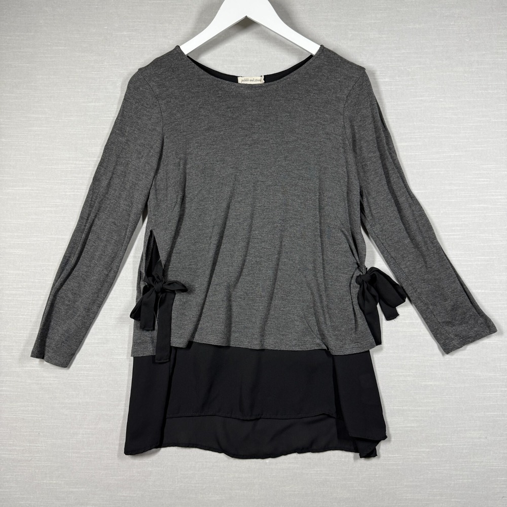 Pebble And Stone Shirt Womens Medium Gray Layered Bow Flowy Neutral Boho Vanilla